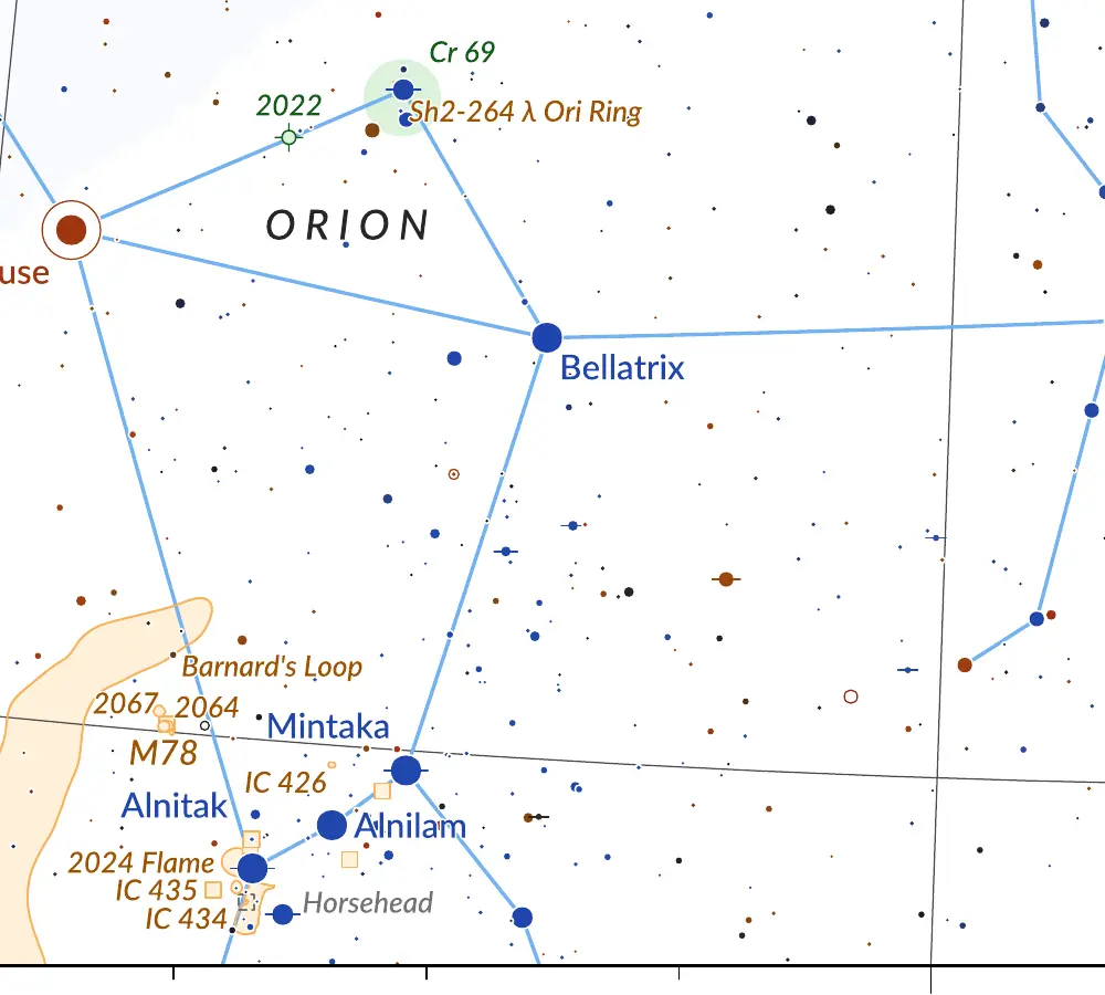Detail of chart 14 around Orion's belt: Bellatrix, Alnilam, Mintaka and Alnitak, the nebula M78, the Flame Nebula and Barnard's Loop.