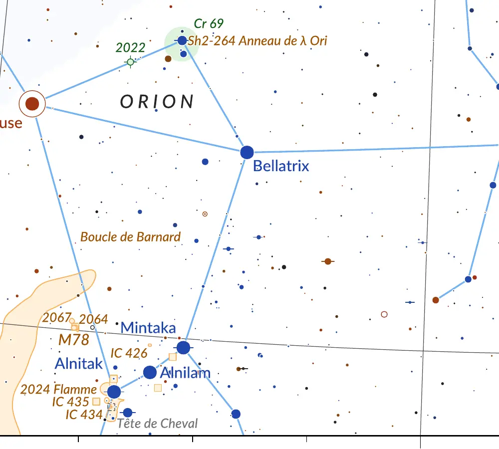 Détail de la carte 14 autour de la ceinture d'Orion : Bellatrix, Alnilam, Mintaka et Alnitak, la nébuleuse M78, la nébuleuse de la Flamme et la Boucle de Barnard.
