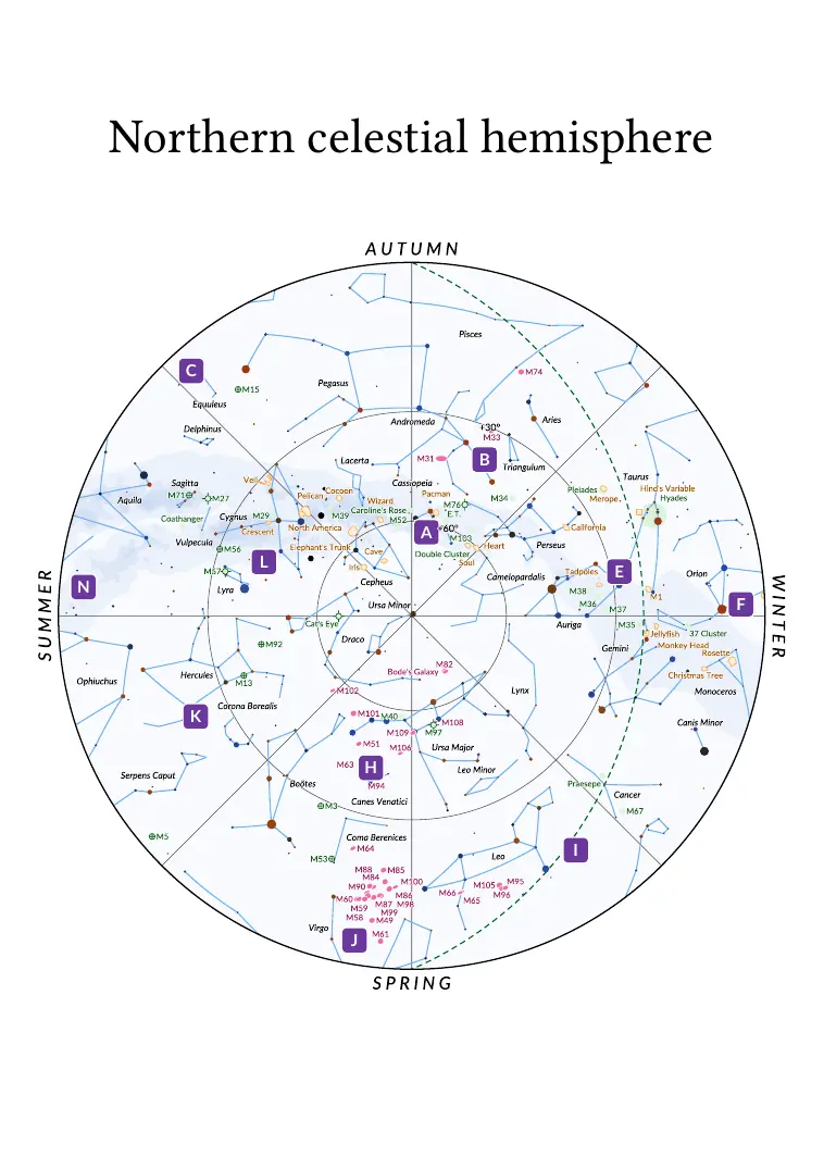Map of the northern celestial hemisphere with the letters of the regional maps.