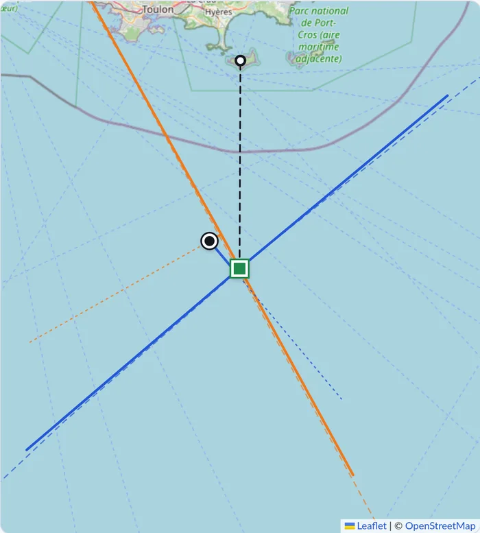 Map of the sea south of Toulon: an orange line and a blue line of position cross almost at right angles at a green square, about thirty miles south of Porquerolles; a black dot marks the dead reckoning and a dashed line leads north to the island.